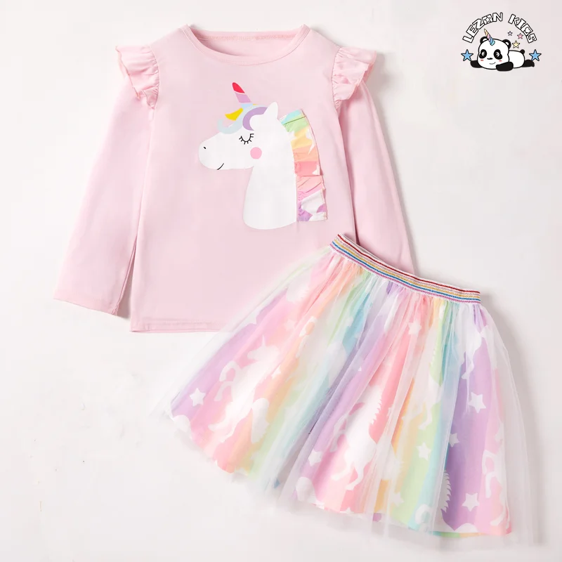 LEZONKIDS - Girls Clothing Dresses Sets Unicorn Print Ruffle Long Sleeve T-shirt Rainbow Tulle Dress Skirt Baby Girls Clothing Sets